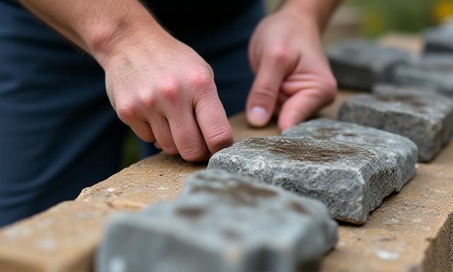 職人による丁寧な石積みの施工風景